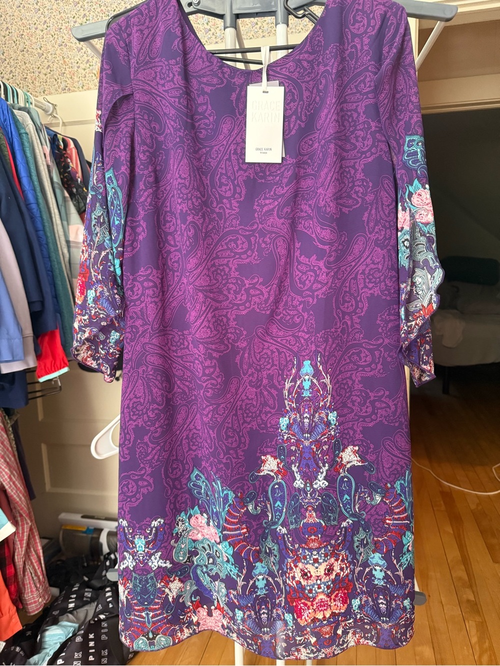 Grace Karin Purple Paisley-Print Long Sleeve Border-Trim Dress